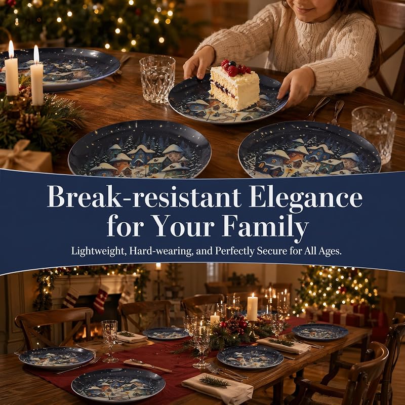 Snowhouse 10-Inch Christmas Plates Set of 12 – Melamine Dinnerware, Outdoor Friendly