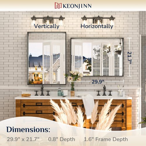 Keonjinn Black Bathroom Mirror 22 x 30 Inch, Brushed Black Framed Mirror for Over Sink, Rectangle Wall Vanity Mirrors with Square Corner, Alumium Frame, Modern Farmhouse Style