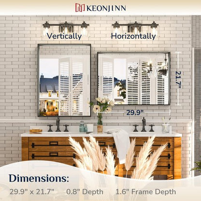 Keonjinn Black Bathroom Mirror 22 x 30 Inch, Brushed Black Framed Mirror for Over Sink, Rectangle Wall Vanity Mirrors with Square Corner, Alumium Frame, Modern Farmhouse Style