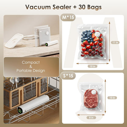 Skiennix Compact Vacuum Sealer - Powerful Handheld Food Sealer with 30 Reusable Bags & LED Display