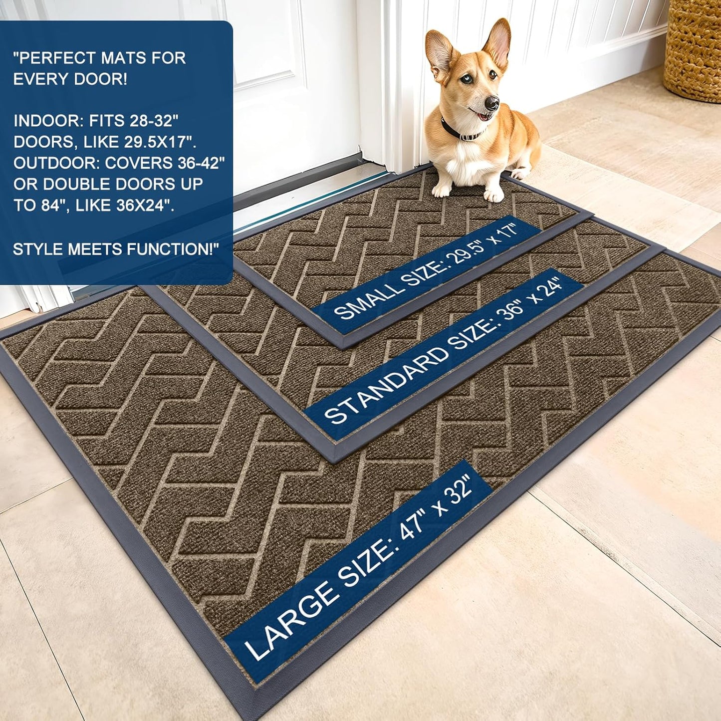 OLANLY Waterproof Front Door Mat - All-Season Indoor/Outdoor Doormat | Sturdy Natural Rubber, Herringbone Brick (Brown, 47x17)