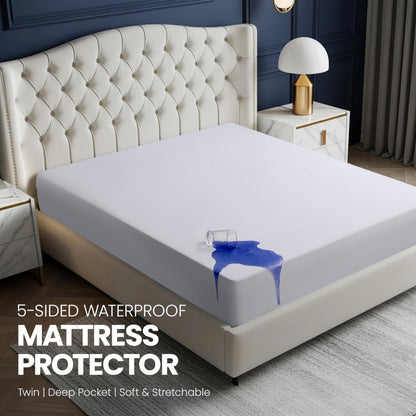 Utopia Bedding Waterproof 5-Sided Mattress Protector Twin Size, Premium Breathable Mattress Cover, Fitted Style with Stretchable Pockets (White)
