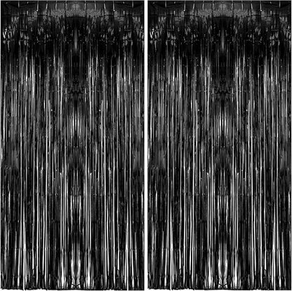 Foil Curtain Backdrop by [Brand Name] - Black Metallic Tinsel Fringe | 2 Pack for Parties & Events