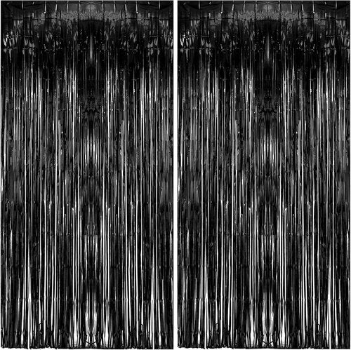 Foil Curtain Backdrop by [Brand Name] - Black Metallic Tinsel Fringe | 2 Pack for Parties & Events