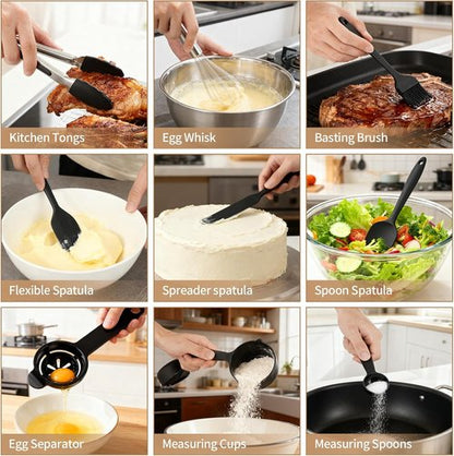 Deedro Premium Mixing Bowls Set - 22Pcs Thicker Stainless Steel with Airtight Lids | Non-Slip Silicone Base, Black