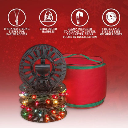 HOLDN’ STORAGE Premium Christmas Light Storage Bag - Heavy Duty 600D Tear Proof Material | Stores Up to 375 Ft of Mini Tree Lights & Extension Cords in Red
