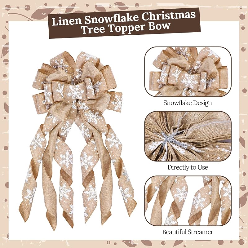 Zomiboo 47 Inch Christmas Tree Skirt Topper Bow Ribbon Set, Linen