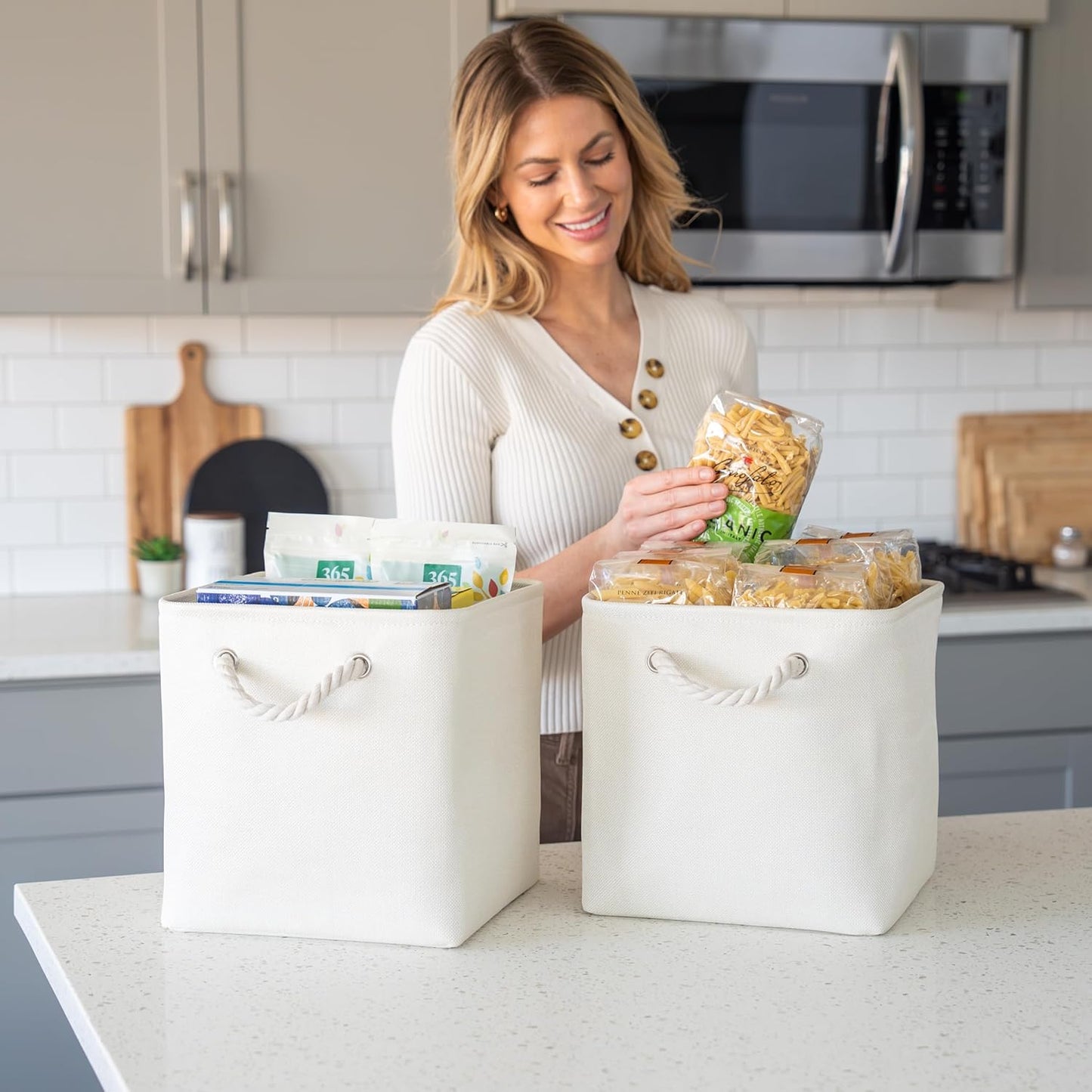 OrganiHaus 12x12 Cube Storage Bins - Foldable Fabric Organizers with Rope Handles | 4-Pack Off-White