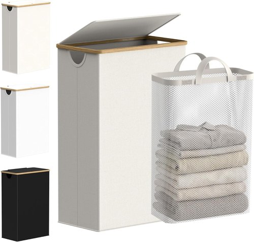 Efluky Slim Laundry Basket - Narrow Hamper with Lid & Removable Bag, 75L Beige for Bathroom & Bedroom