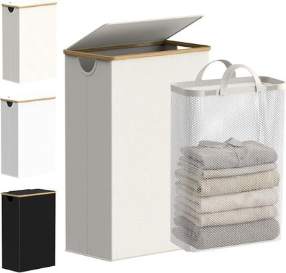 Efluky Slim Laundry Basket - Narrow Hamper with Lid & Removable Bag, 75L Beige for Bathroom & Bedroom