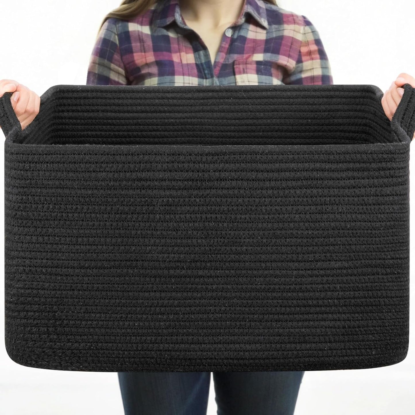 OIASKET Large Blanket Basket - Stylish Black Woven Storage for Toys, Towels & Laundry (Rectangle)