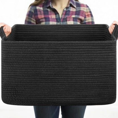 OIASKET Large Blanket Basket - Stylish Black Woven Storage for Toys, Towels & Laundry (Rectangle)
