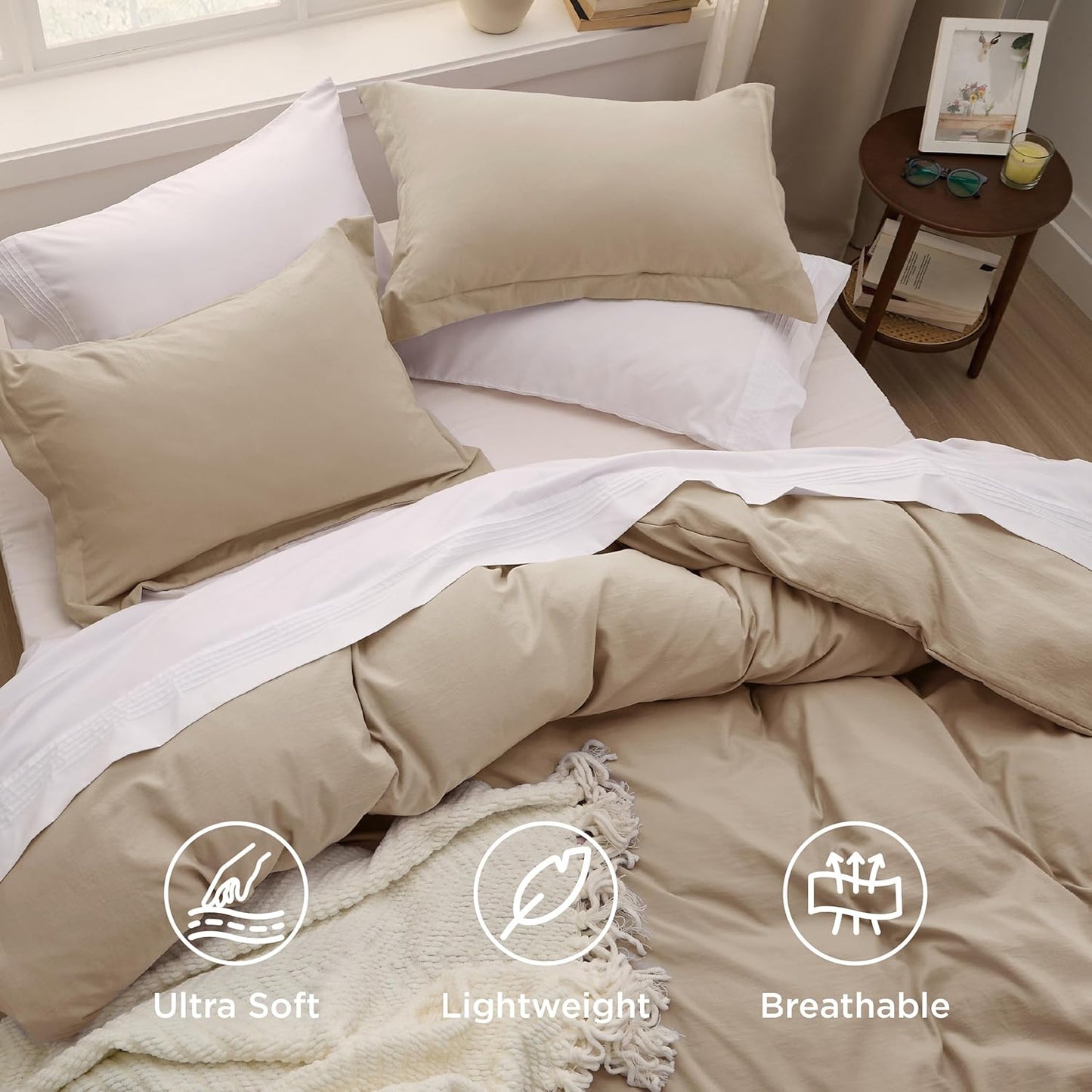 Bedsure Duvet Cover Set - King Size Light Brown Cotton-Like Bedding, 3 Pieces with Zipper Closure & Pillow Shams