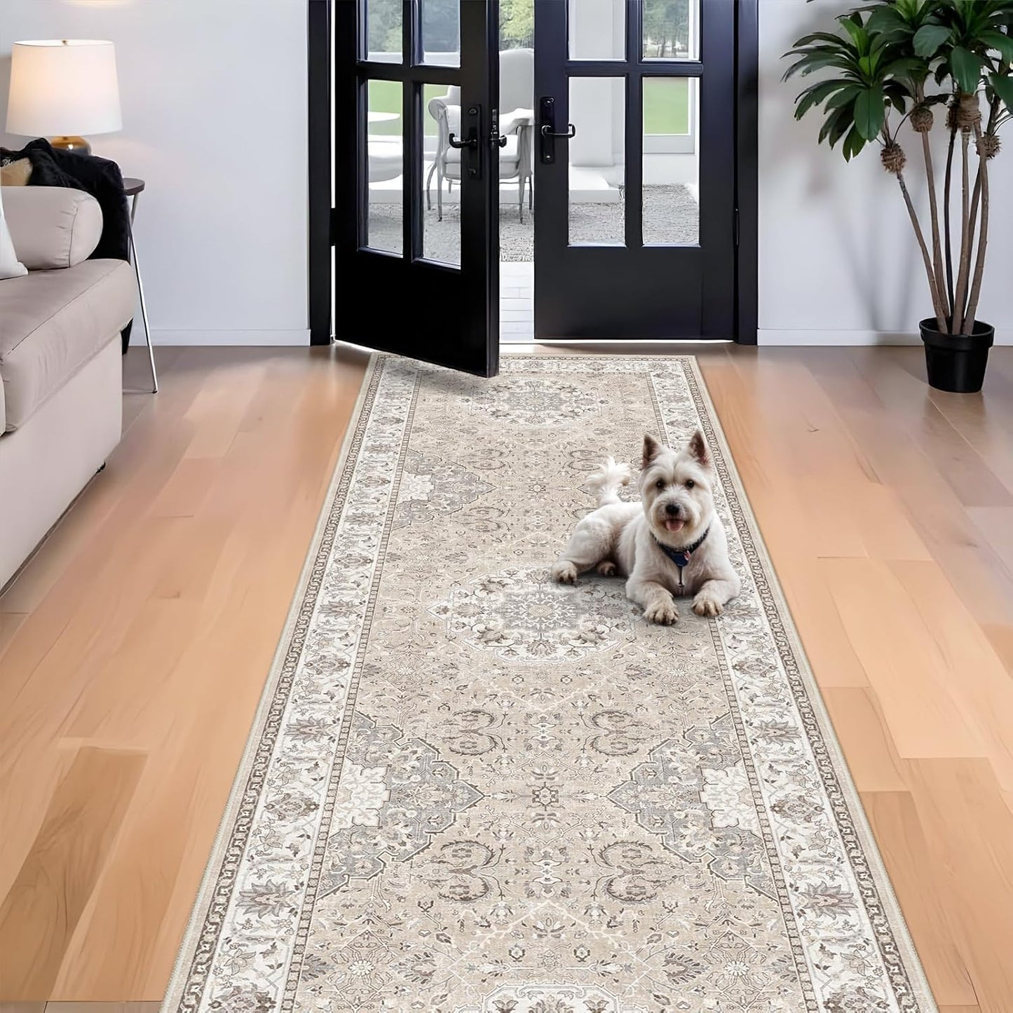 Skiennix Washable 4x12 Wide Hallway Runner - Vintage Soft Non-Slip Water-Resistant Rug | Beige