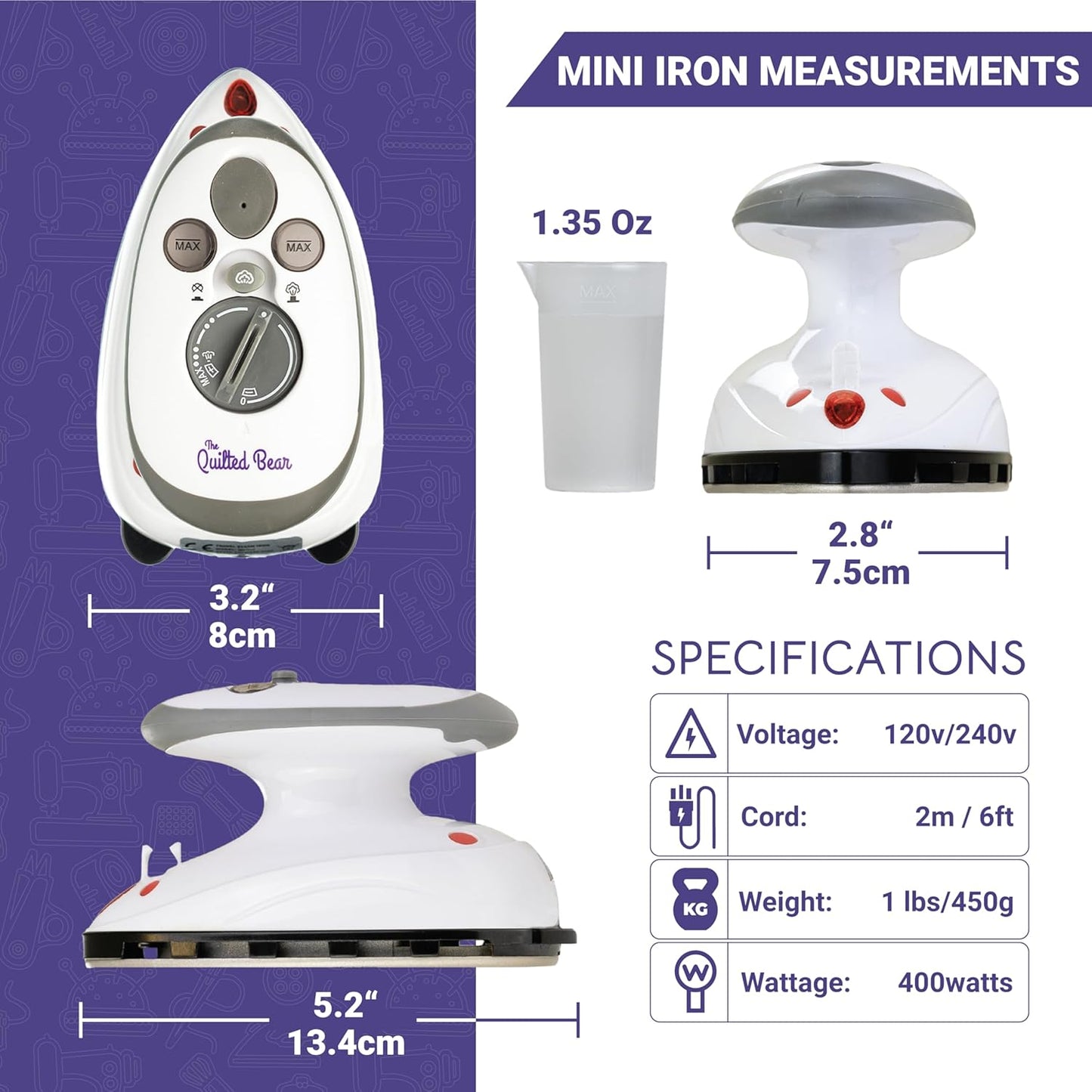 Quilted Bear Mini Steam Iron - Lightweight Travel Iron for Effortless Quilting & Wrinkle-Free Clothes | Hard Shell Case (Black)