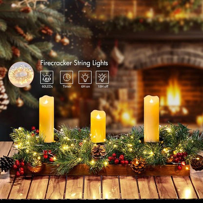 Brightown Foldable Wooden Box - 23.6" Christmas Decor with Fairy Lights, Pine Cones & Ornaments