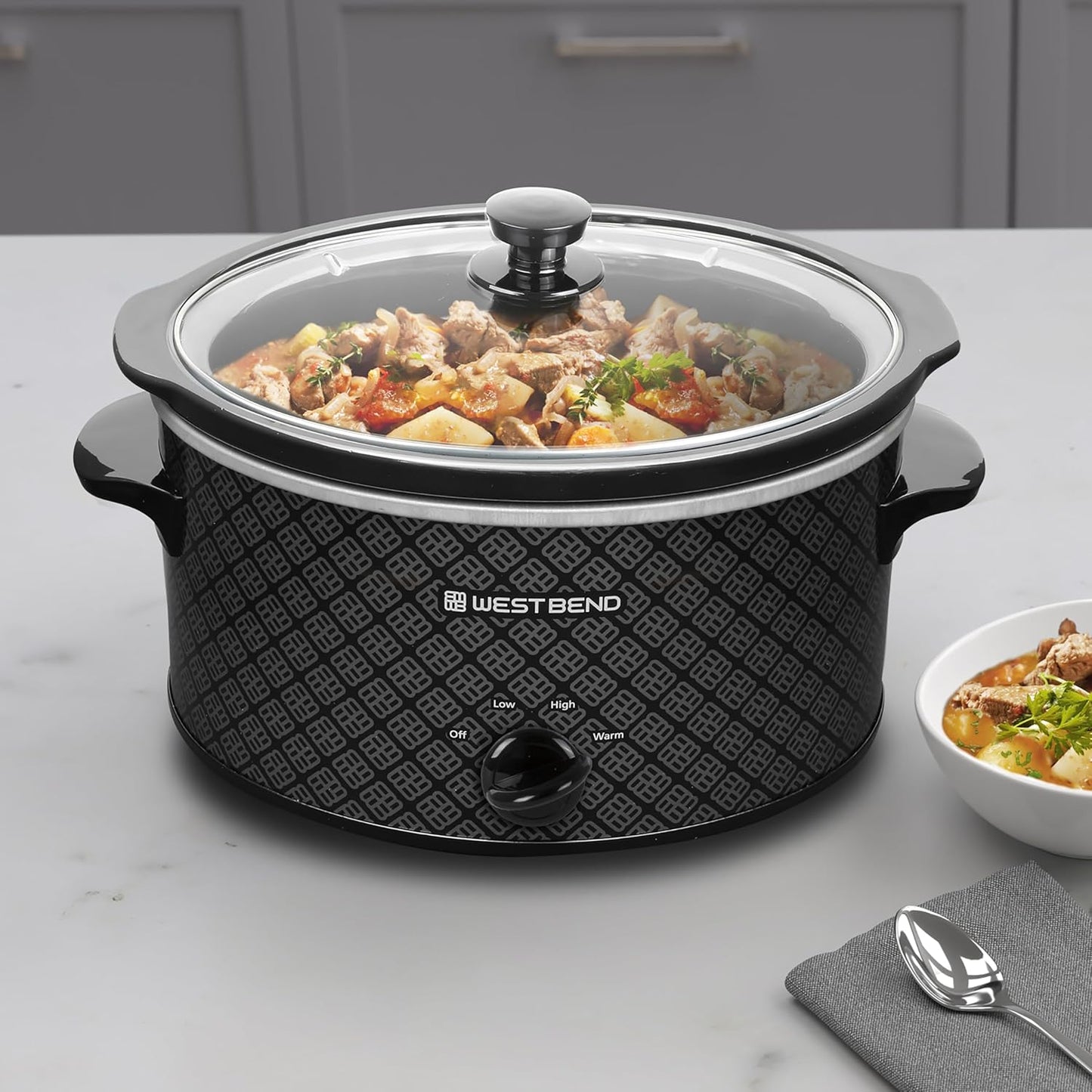 West Bend 4-Quart Slow Cooker - Manual Crockpot with Dishwasher Safe Ceramic Insert & Glass Lid | Black
