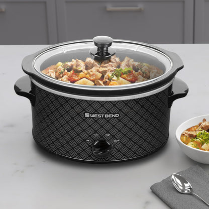 West Bend 4-Quart Slow Cooker - Manual Crockpot with Dishwasher Safe Ceramic Insert & Glass Lid | Black