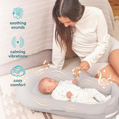 MyBaby 3-in-1 Calming Baby Cushion, Soothing Comfort for Newborns & Infants, Snuggling Sensation, Sound and Vibration, Designed for Safety, Rechargeable & Machine-Washable, by Homedics, Gray