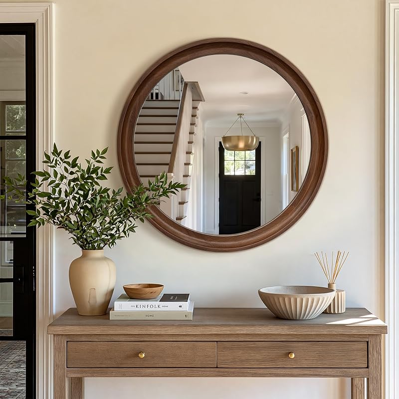 Round Wood Mirror 28" Circle Mirror with Walnut Frame - Contemporary Wall Decor