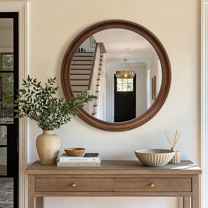 Round Wood Mirror 28" Circle Mirror with Walnut Frame - Contemporary Wall Decor