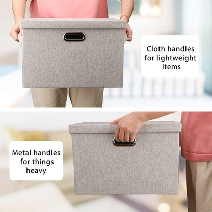 Graciadeco Large Collapsible Storage Bins - Stackable Beige Linen Fabric Boxes | 3-Pack (16.6 x 11.7 x 10.8)