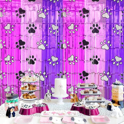 Bupelo Pink Paw Birthday Decorations - 2 Pack Tinsel Foil Fringe Curtains | 3.3 x 6.6ft Dog Party Backdrop