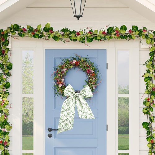 JarThenaAMCS Wreath Sash - Spring Green Floral Garland Ribbon Bow | 55.1 x 5.1 Inch Home Decor