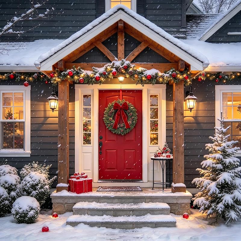 Christmas Wreath 24 Inch Front Door Artificial Pine Needle with Red Bow Pinecones