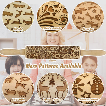 Embossed Rolling Pin for Baking Cookies Embossing Rolling Pins with Design Wooden Engraved Springerle Roller Pin Dough Christmas Patterned Clay Pottery Ceramic Bakers Women (Floral Butterfly Flower)