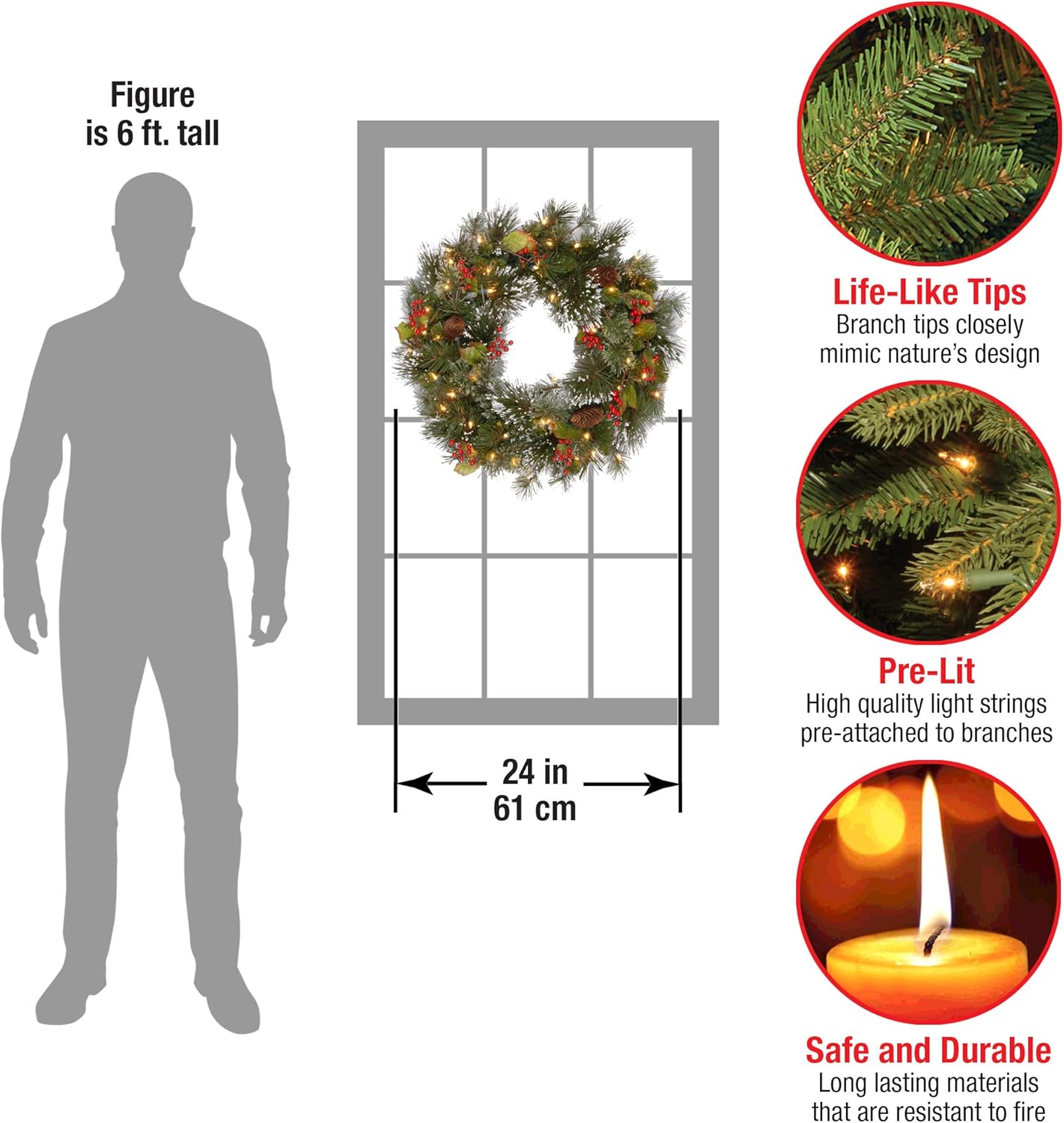 National Tree Company 24-Inch Pre-Lit Wintry Pine Flocked Christmas Wreath | LED Lights, Pinecones & Berries