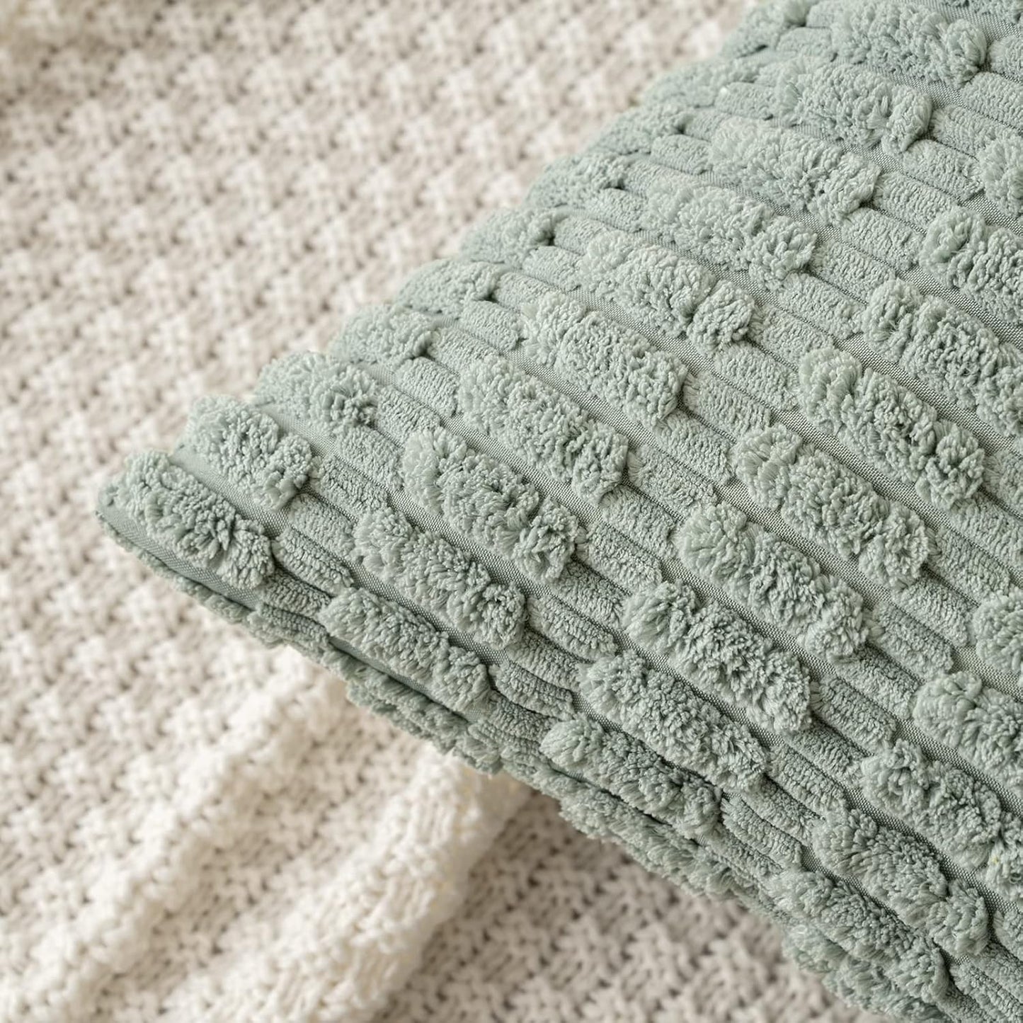 MIULEE Euro Sham Pillow Covers - Soft Boho Striped Corduroy | 24x24 Inch, Greyish Green, Set of 2