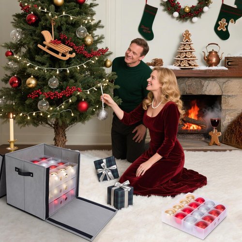 BALEINE Christmas Ornament Storage Box - Premium Holiday Container with Dividers for 64 Balls | Grey