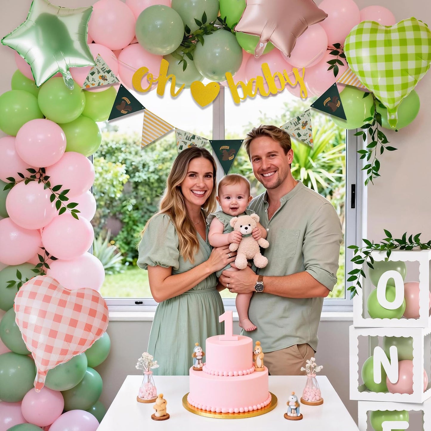 Winrayk Pink Green First 1st Birthday Decorations Girl, ONE Balloon Box Pink Green Balloon Arch Kit Oh Baby Banner Pennant Banner Heart Foil Balloons, One Year Old First Birthday Decorations for Girls