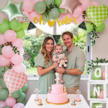 Winrayk Pink Green First 1st Birthday Decorations Girl, ONE Balloon Box Pink Green Balloon Arch Kit Oh Baby Banner Pennant Banner Heart Foil Balloons, One Year Old First Birthday Decorations for Girls