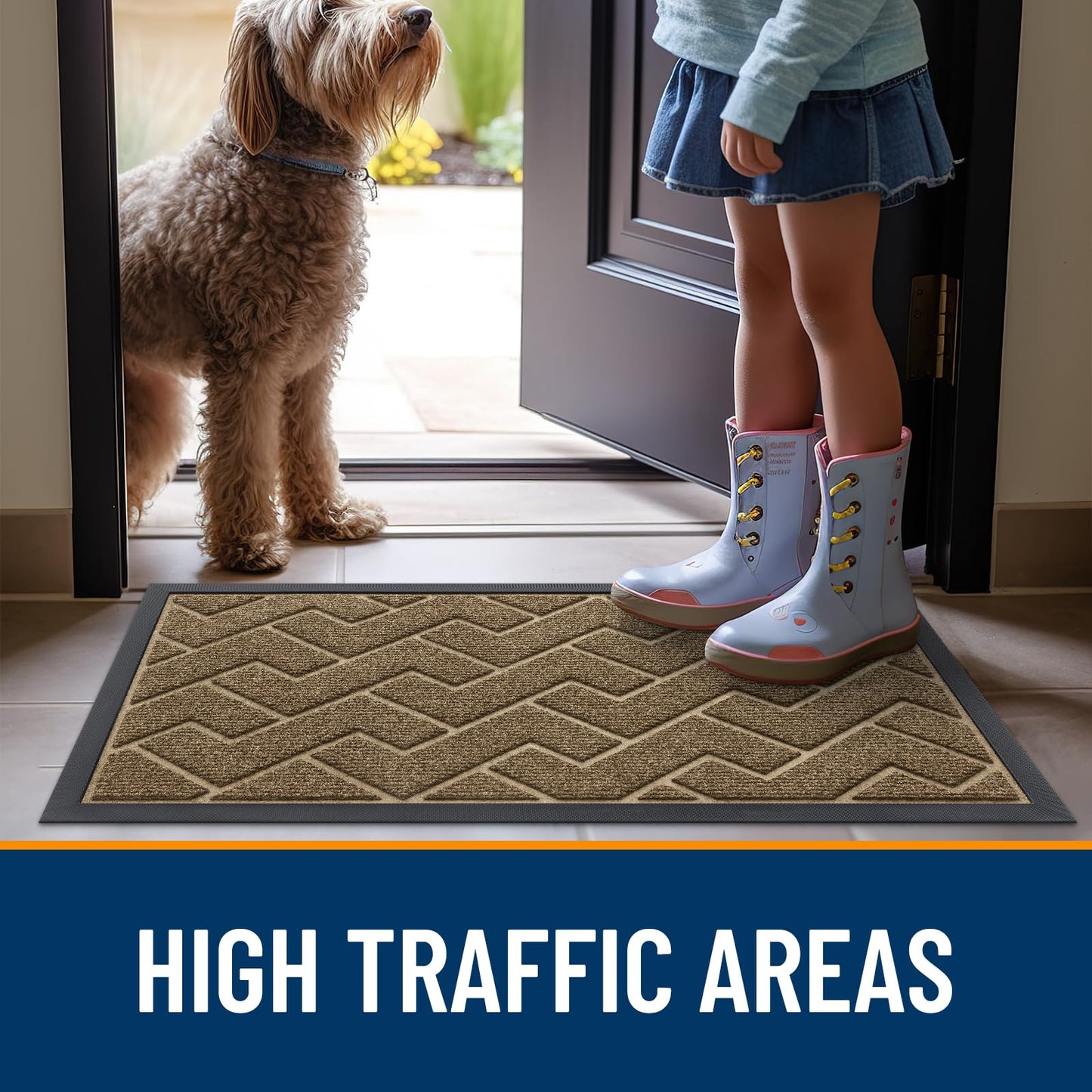 OLANLY Front Door Mat Indoor Outdoor Entrance, Waterproof All-Season, All-Weather Doormat, Sturdy Natural Rubber, Low Profile, Easy Clean Patio Porch Entryway Mat, Herringbone Brick (Brown, 29.5x17)
