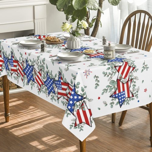 Horaldaily Patriotic Tablecloth - 60x84 Inch Eucalyptus Star Design for 4th of July Celebrations