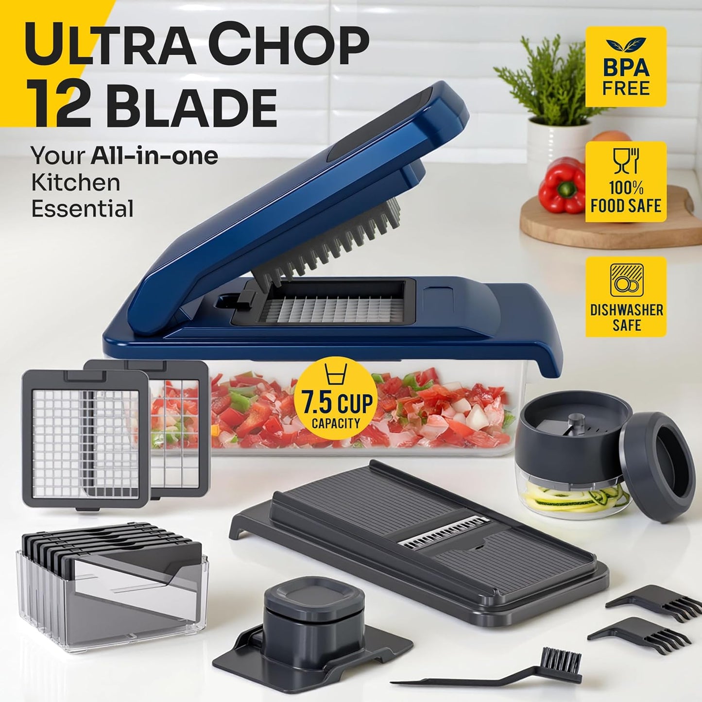 UltraChop Vegetable Chopper - 12 Blade Heavy Duty Food Processor & Spiralizer | Blue Kitchen Essential