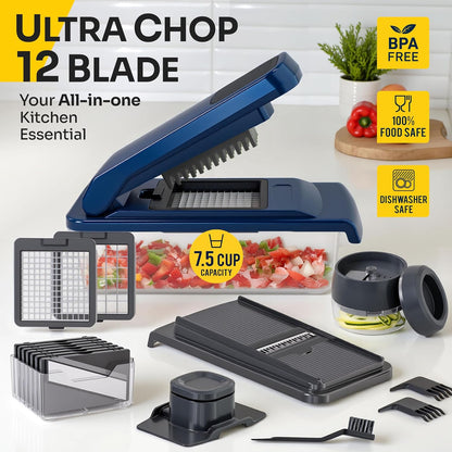 UltraChop Vegetable Chopper - 12 Blade Heavy Duty Food Processor & Spiralizer | Blue Kitchen Essential