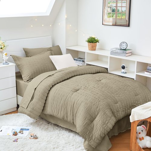 HYMOKEGE Linen Twin XL Comforter Set Seersucker 5 Pieces, All Season Luxury Bed in a Bag for Bedroom, Bedding Set with Comforter, Sheets, Pillowcase & Sham