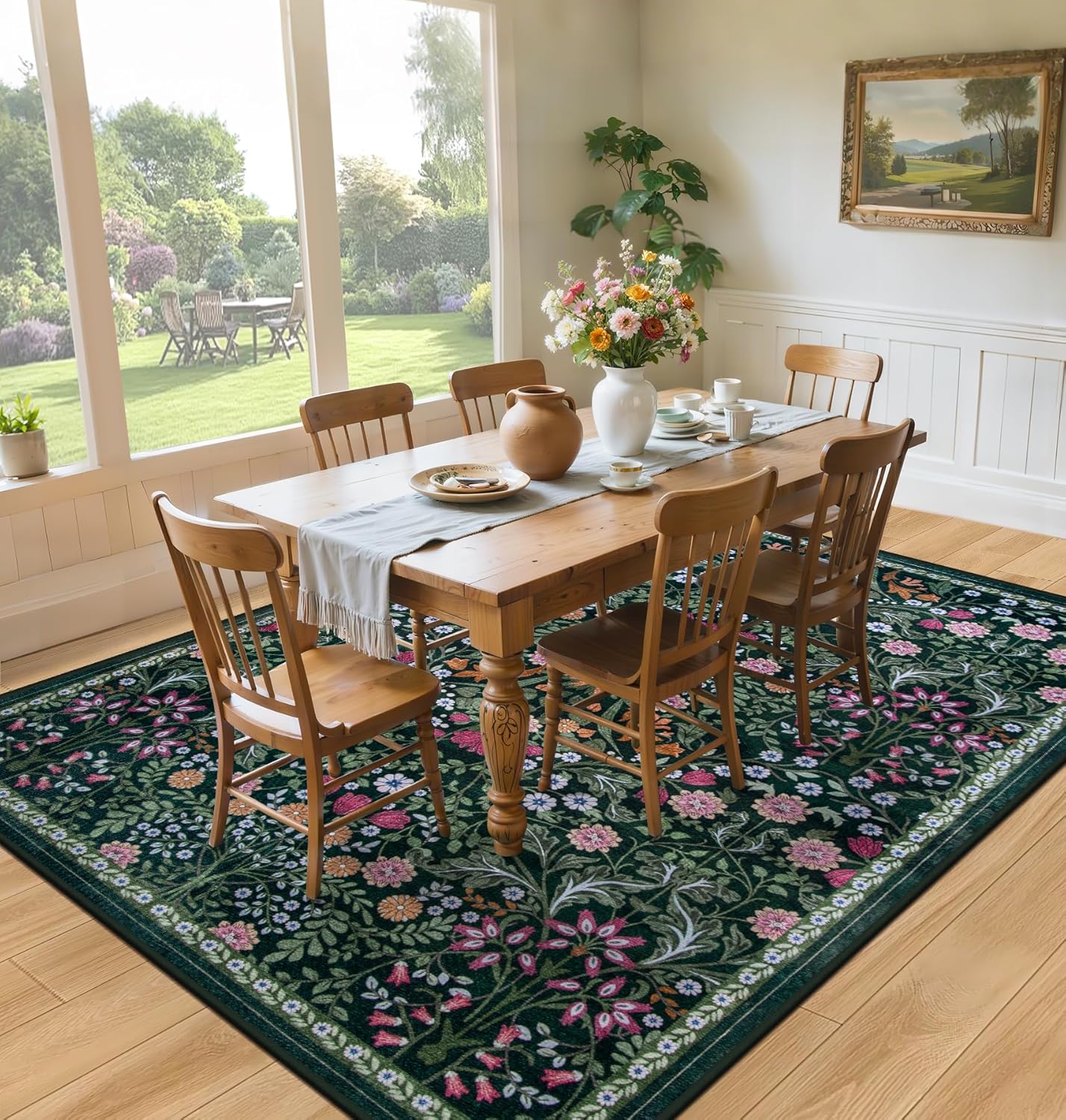 Skiennix 6x9 Area Rug - Vintage Floral Design | Washable, Soft, Non-Slip, Stain Resistant - Dark Green