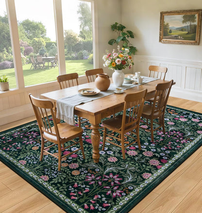 Skiennix 6x9 Area Rug - Vintage Floral Design | Washable, Soft, Non-Slip, Stain Resistant - Dark Green