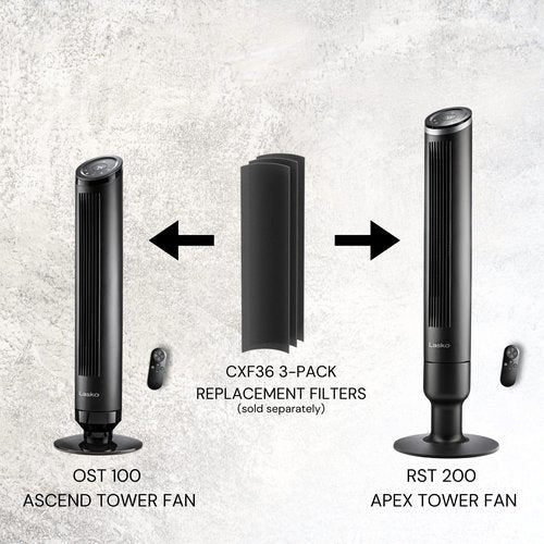 Lasko Ascend Tower Fan with Remote, 36" Floor Fans for Home Bedroom, 29 ft/s Airflow, 90° Oscillation, Air Filter, Black, OST100