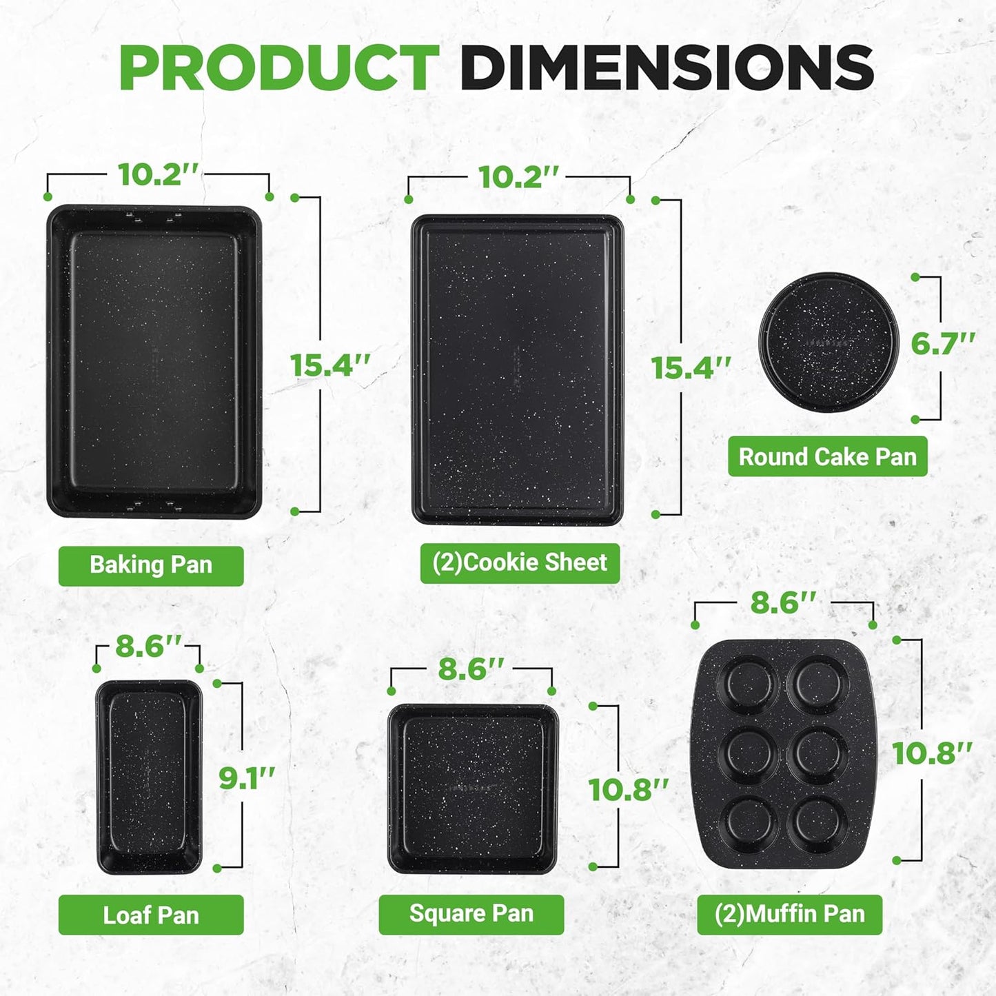 NutriChef 8-Piece Bakeware Set - Non-Stick Carbon Steel Pans for Baking | Muffin, Round, Loaf, Square, Deep, Black Marble