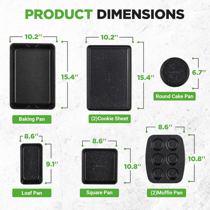 NutriChef 8-Piece Bakeware Set - Non-Stick Carbon Steel Pans for Baking | Muffin, Round, Loaf, Square, Deep, Black Marble