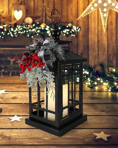 iStatue Black Metal Christmas Lantern - Flameless Candle Decor for Modern Farmhouse | 14" Indoor/Outdoor Holiday Gift