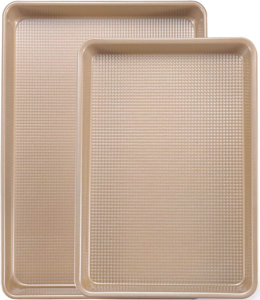 Skiennix Nonstick Cookie Sheets - Heavy Duty 2-Pack Baking Pan Set | Gold Diamond Texture, Oven Safe