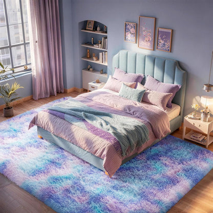 Ophanie Rainbow Purple Mermaid Rug - Fluffy Shag Soft Carpet for Kids' Room | 6x9 Size, Aesthetic Home Decor