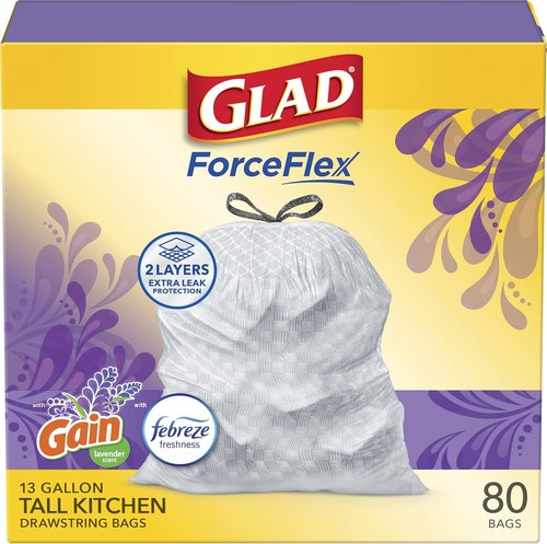 Glad ForceFlex Tall Kitchen Trash Bags - 13 Gallon, Gain Lavender Scent, 80 Count Pack