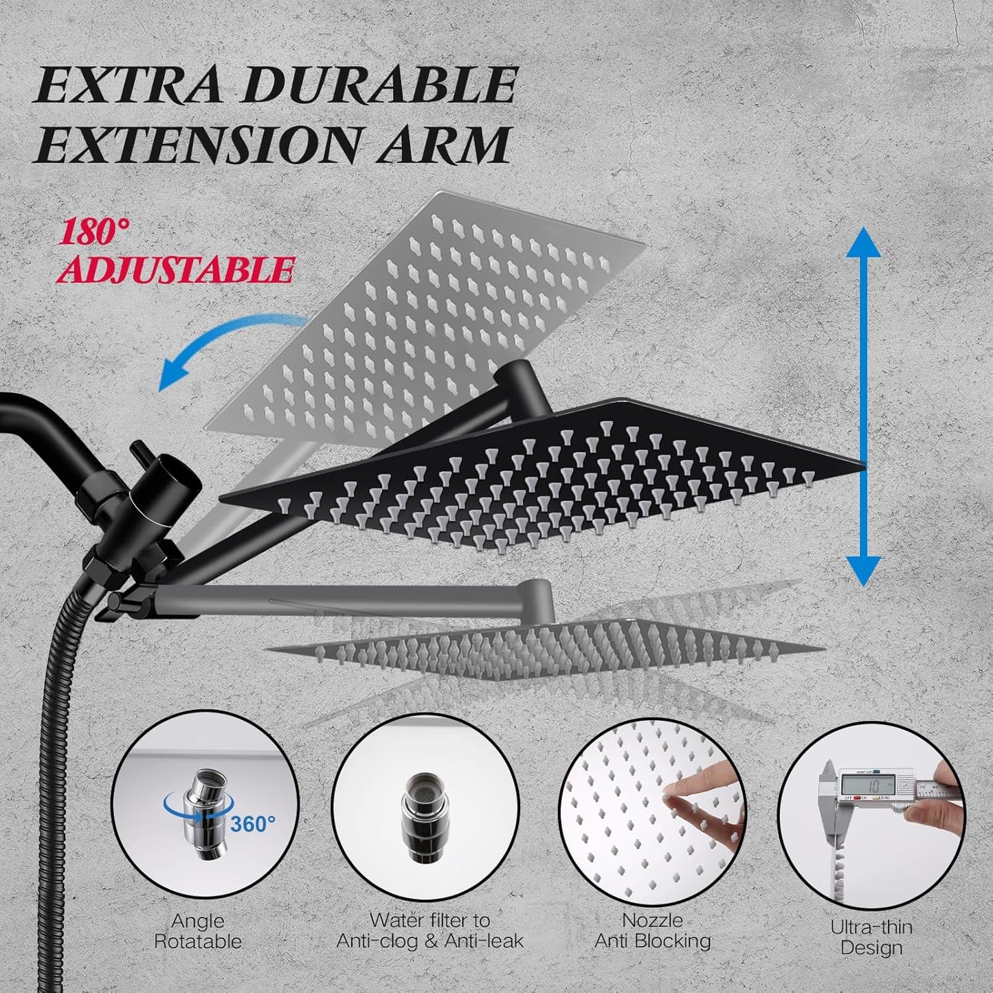 Skiennix 10” Rain Shower Head - High Pressure Handheld Spray Combo with Adjustable Arm | Matte Black Finish